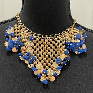 Laura Ashley Statement Necklace - Gold Tone and Blue Bib Necklace